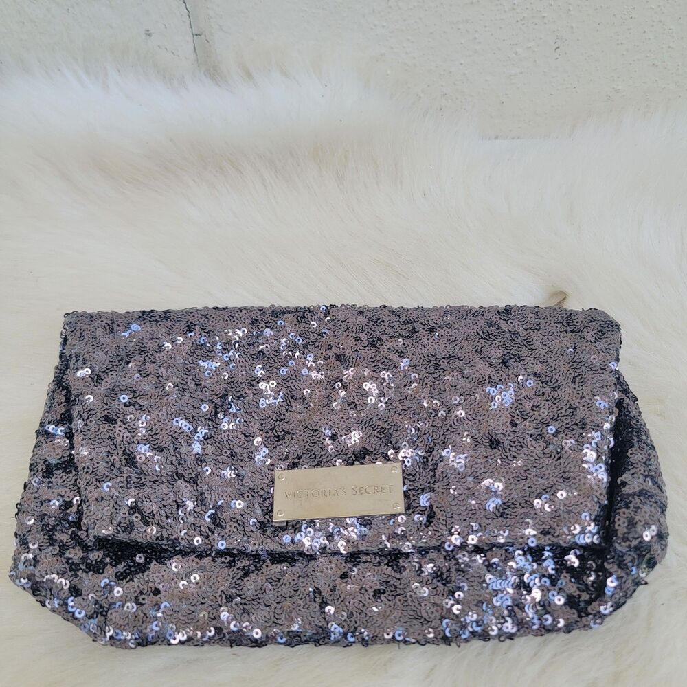 Victoria's Secret Silver Sequined Clutch Handbag Fold Over Magnetic Snap Purse